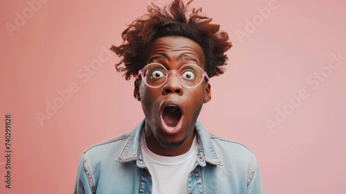 A young man with curly hair and round glasses expresses surprise with wide eyes and an open mouth against a light background. © MP Studio
