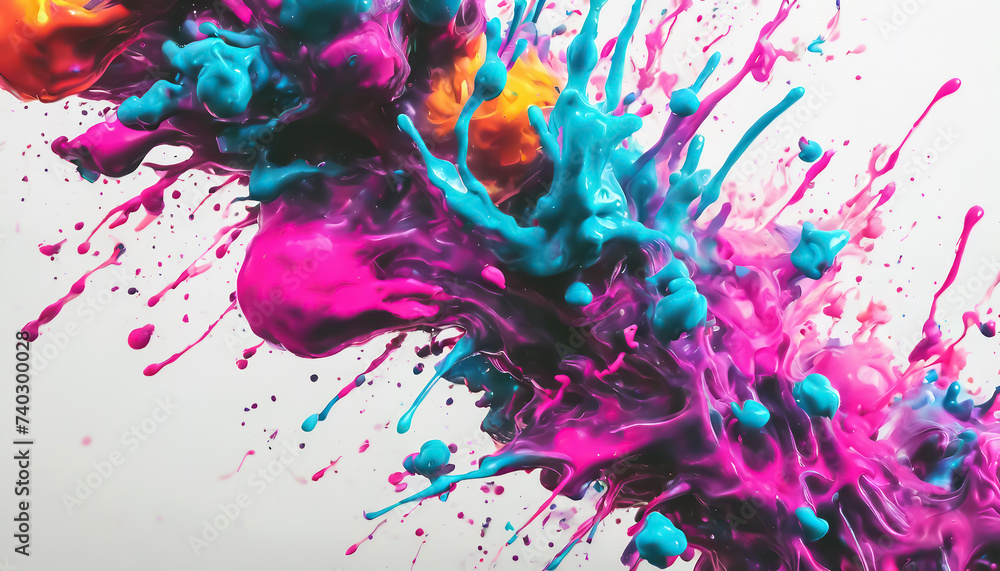 Acrylic splashes on a white background. Colorful paint stains. Rainbow design of neon spots. Top view of abstract colorful stains. AI generated