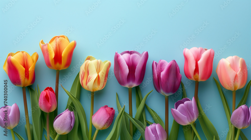 Purple and Orange Tulips on Blue Background: Fresh Spring Flowers for Valentine's Day, Easter, Women's Day, and Mother's Day Celebrations with Copy Space. Purple and Orange Tulips on Blue Background: Fresh Spring Flowers for Valentine's Day, Easter, Women's Day, and Mother's Day Celebrations with Copy Space.