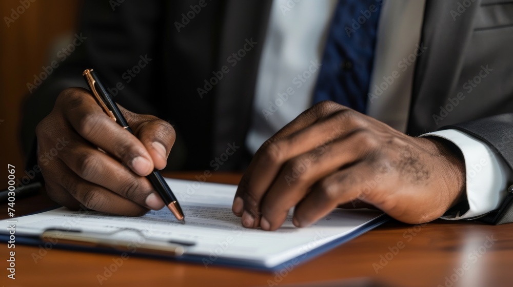 A man in business attire carefully writes with a pen on a piece of paper, his fingers delicately gripping the writing implement as he creates a document using only his thoughts and office supplies A man in business attire carefully writes with a pen on a piece of paper, his fingers delicately gripping the writing implement as he creates a document using only his thoughts and office supplies