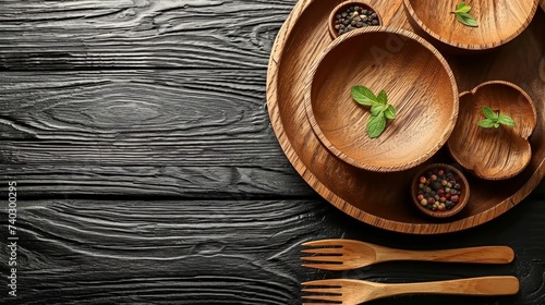 eco-friendly disposable tableware made of wood on a wooden background. the concept of recycling