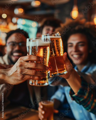 Group of happy friends drinking and toasting beer at brewery bar restaurant. Friendship concept with young people having fun together at cool pub.