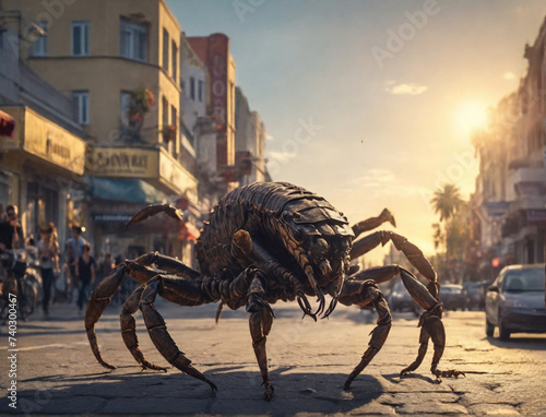 Huge insect monster in the town at sunset. © Karo