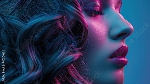 Close Up of Womans Face Against Blue Background