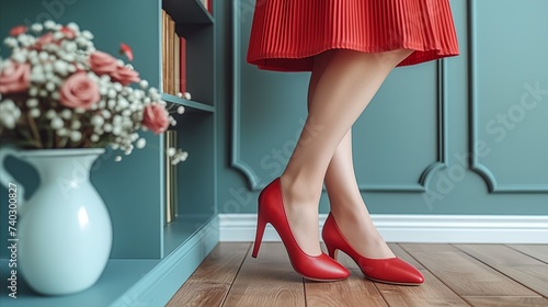 Elegant red heels and skirt fashion detail in a stylish interior
