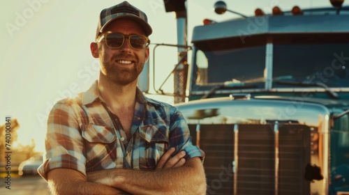 A stylish man sporting sunglasses and a hat smiles confidently in front of a truck, exuding coolness and adventure under the bright blue sky