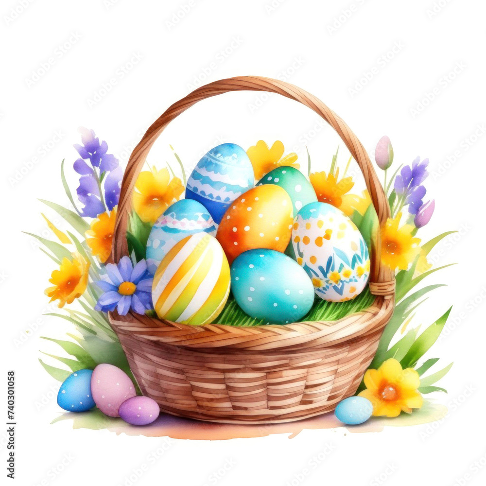 Basket with colored Easter eggs and flowers. Hand-drawn watercolor illustration, isolated on white background