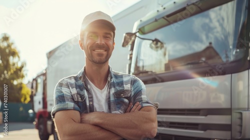 A rugged man stands confidently with his arms crossed in front of a powerful truck, his face gazing up at the vast sky above, embodying strength and determination as he prepares to embark on his jour