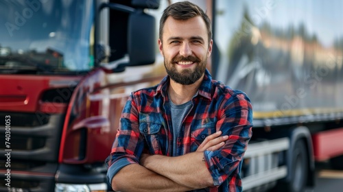 A rugged man with a bushy beard and flannel shirt stands confidently next to his red truck, the worn tires and auto parts symbolizing his hardworking and adventurous spirit photo