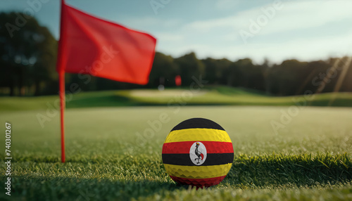 Golf ball with Uganda flag on green lawn or field  most popular sport in the world