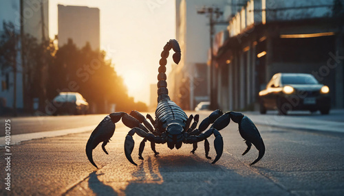 Huge scorpion monster in the town on the street, on sunset ,