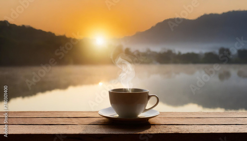 Cup of coffee on the table with view on the lake and mountains at the sunset. 