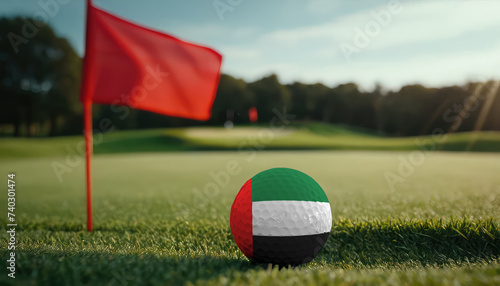 Golf ball with United Arab Emirates flag on green lawn or field  most popular sport in the world