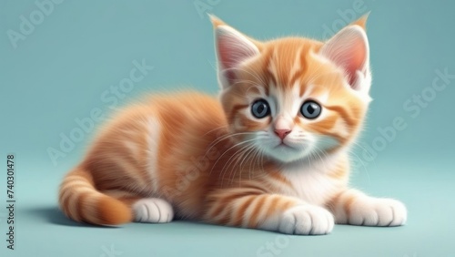 Banner of a cute ginger kitten, pastel colors, isolated flat cartoon illustration on a blue background. Illustration for children