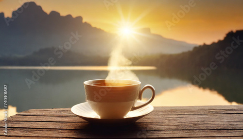 Cup of coffee on the beach on lake and mountains background.