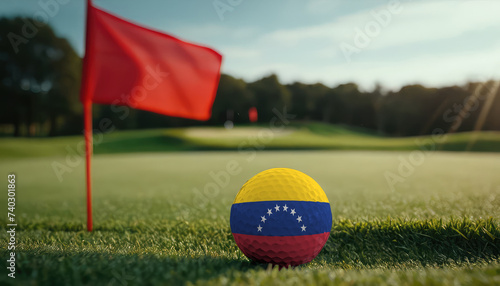 Golf ball with Venezuela flag on green lawn or field  most popular sport in the world