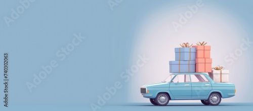 car with packages on the roof and money stack