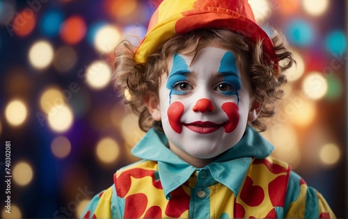 A child dressed in a clown costume with a look of surprise  suited for a charming April Fools  Day celebration with a bokeh light backdrop