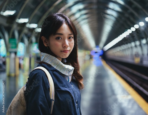 Jeune femme asiatique attendant son train