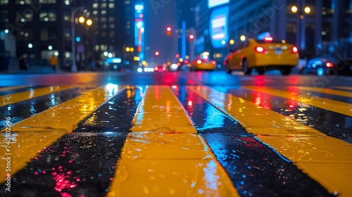 Glowing night city street with rain and reflective traffic lines photo