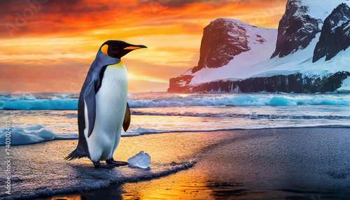 Penguin on beach in polar regions at the sunset.