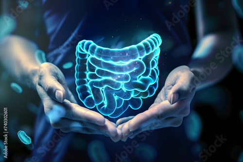 doctor holding their hands over their stomach with an illustration of intestines super imposed over top, representing a healthy gut flora photo