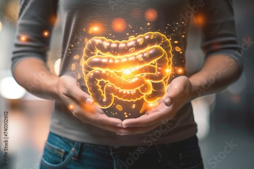 a person with a stomach ache holding their hands over their stomach with an illustration of intestines super imposed over top photo