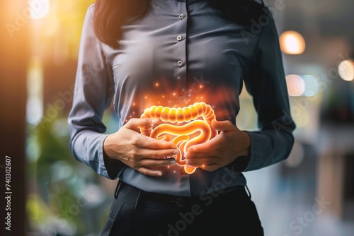 a person witch a stomach ace holding their hands over their stomach with an illustration of intestines super imposed over top