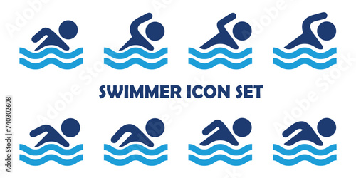 Swimming sport vector icon set illustration. Swim in the water to relax during summer vacation in trendy style