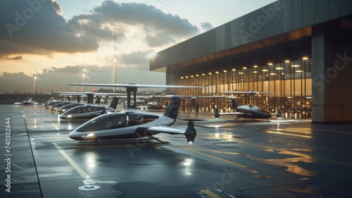 Luxury electric air taxis lined up ready for departure at high-tech vertical port, showcasing the convenience and efficiency of services photo