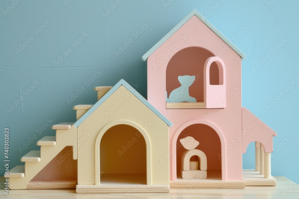 pastel color children's toy house. Childhood. Educational toy. Postcard
