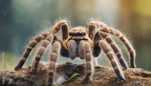 Tarantula spider on the grass and net. 