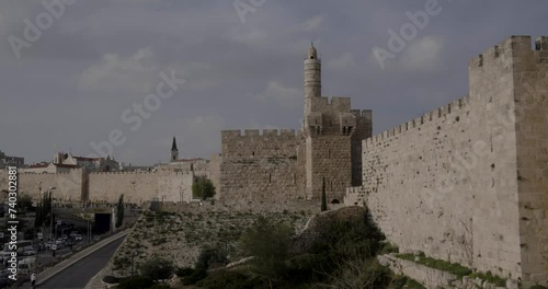 Aerial Footage of the Tower of David, the walls of the Old City and the Old City of Jerusalem.