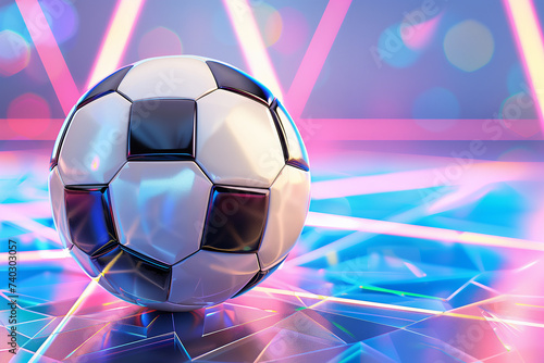 rendu 3D ballon de football (soccer) ultra brillant dans un décor virtuel. Foot virtuel, match FIFA, championnat de foot numérique, jeux en ligne photo