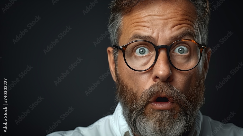 Shocked middle-aged man with glasses on dark background, surprise concept Shocked middle-aged man with glasses on dark background, surprise concept