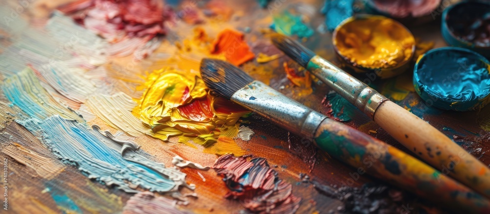 A detailed view of paint and brushes arranged on a table, showcasing the tools used by an artist for creating artwork.