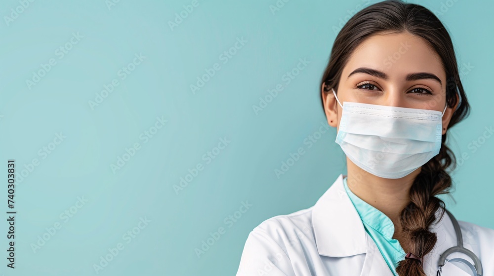Jeune femme médecin sur fond bleu » IA générative Jeune femme médecin sur fond bleu » IA générative
