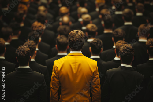 View from behind on a man in a yellow suit in a group with people in black suits