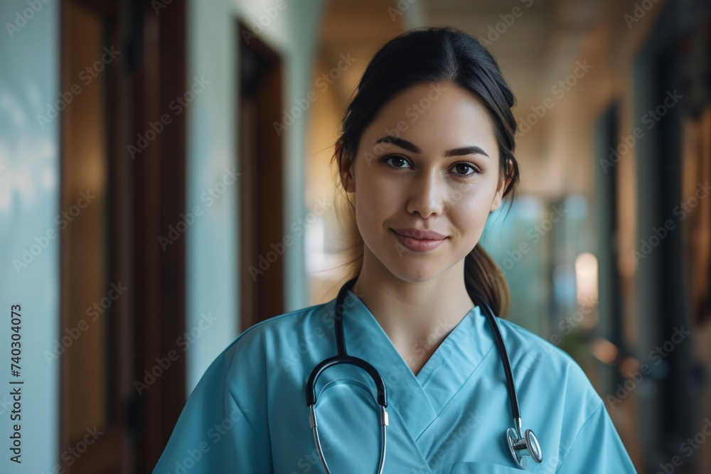 Jeune infirmière brune dans les couloirs d'un hôpital » IA générative - obrazy, fototapety, plakaty 