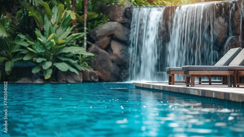 Piscine avec cascade pour se détendre dans un spa » IA générative © Maelgoa