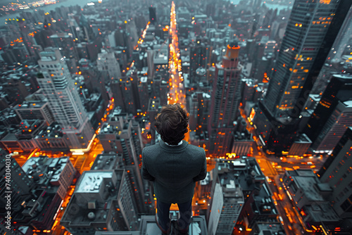 Back view of a man overlooking a vibrant cityscape lit up at twilight from a high rooftop photo