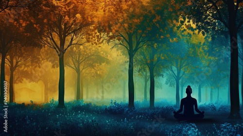 Illustration d'une femme en méditation dans une forêt colorée » IA générative