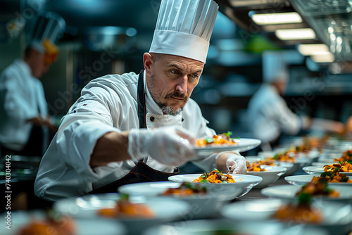 Serious, experienced chef meticulously plates a dish in a professional kitchen atmosphere.