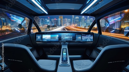 luxury driverless car interior with panoramic views and state-of-the-art entertainment system, focusing on passenger experience