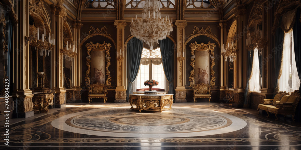 Luxurious baroque style room with ornate decor, interior Palace of hall - obrazy, fototapety, plakaty 