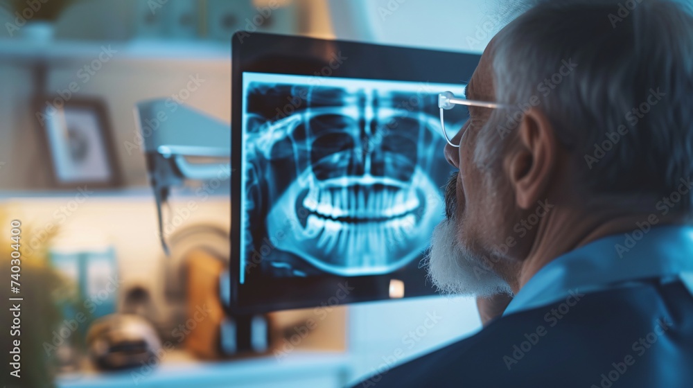 Portrait d'un vieux chirurgien dentiste regardant une radio des dents » IA générative Portrait d'un vieux chirurgien dentiste regardant une radio des dents » IA générative