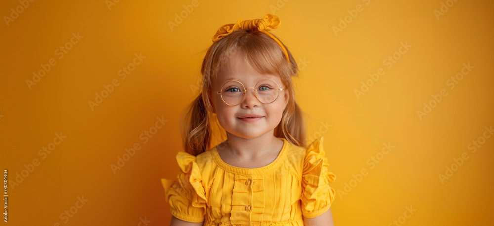 cute mischievous girl on a bright yellow background, cheerful child and happy childhood