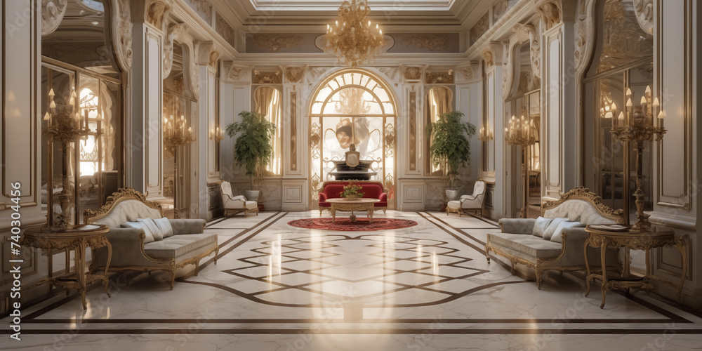 Fototapeta premium luxury hotel lobby, with sleek modern design and chic decor, awesome picture of internal hall design decorated with ceiling lights