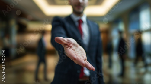 A close-up of a businessman's outstretched hand in a greeting or offer gesture, with blurred figures in business attire in the background, symbolizing a professional meeting or agreement.