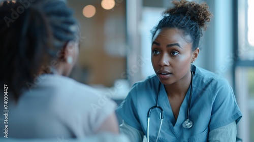 Une infirmière noire dialoguant avec une patiente » IA générative photo